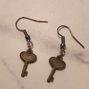 4/$60 New Bronze Heart Key Pair of Earrings - Hand-Made (Assembled)